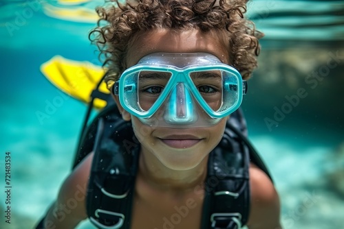 Child at diving lessons. Background with selective focus and copy space