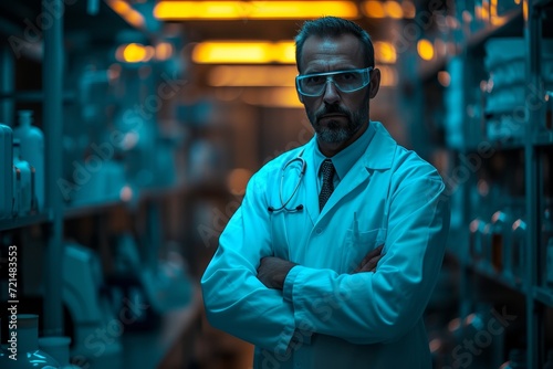 A confident man in a crisp lab coat stands tall with his arms crossed, his face framed by sleek glasses, exuding intelligence and purpose in an indoor setting