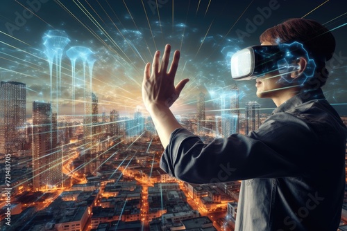 A man wearing a virtual reality headset stands in front of a cityscape, immersed in a virtual world.