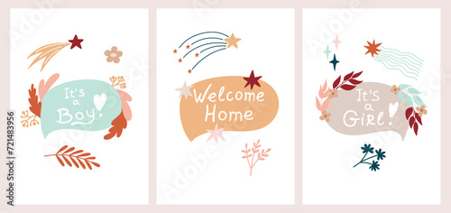 Cute cartoon boho baby cards with with inscriptions, it's a boy, it's a girl, welcome home.