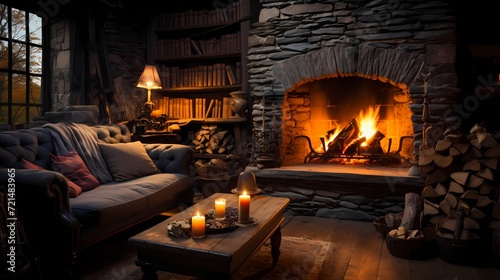 A cozy fireplace with crackling flames and a stack of logs nearby
