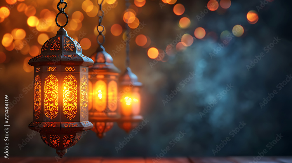 Muslim lamps with tasbih on dark background, Bright colour Muslim lamps with tasbih on dark background, Bright colour
