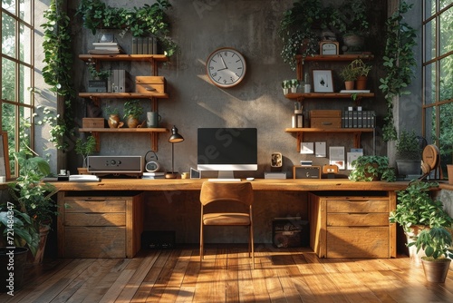 A cozy home office with a sleek wooden desk, vibrant houseplants, and elegant cabinetry, perfect for a productive day of work or relaxation