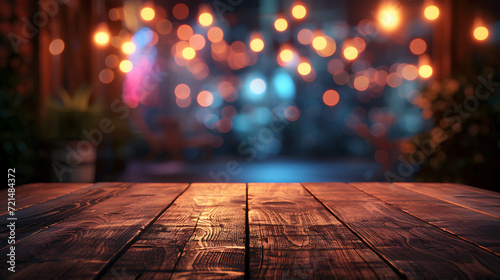 An empty wood table top with bokeh light background. Cafe restaurant aesthetic