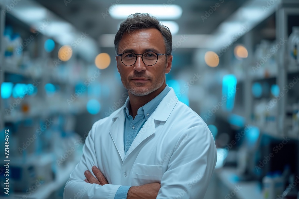 A dedicated scientist carefully conducts groundbreaking research in a well-equipped laboratory, donning a crisp white coat and glasses as he delves into the mysteries of chemistry and healthcare