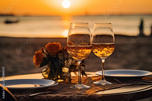 Two glasses of red wine are placed side by side on a rustic wooden table.