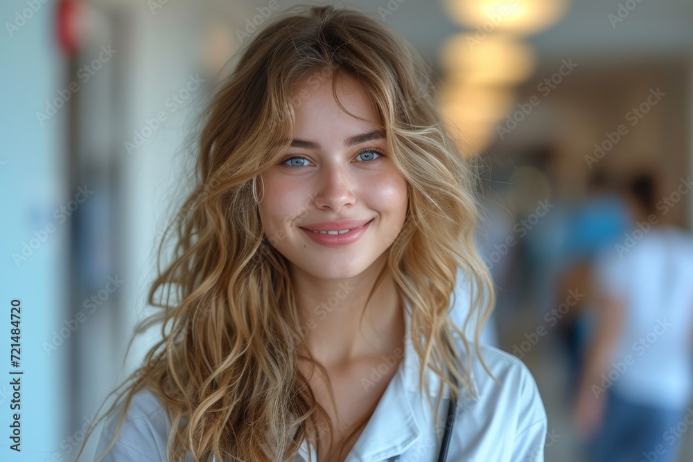 A beaming lady with sun-kissed blond hair and a surfer's vibe gazes confidently at the camera, showcasing her layered brown locks and delicate facial features