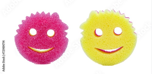 Ocala, Florida January 26, 2024 Scrub Mommy and Daddy eponymous sponges in the shape of a smiley face made from a strong high tech polymer, on display isolated on white background  dual both sides