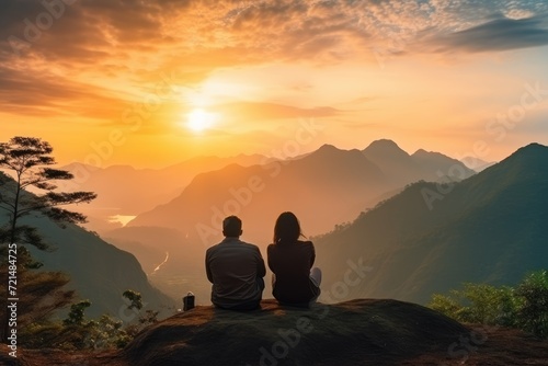 A man and a woman sit on top of a mountain, taking in the panoramic view around them.