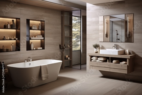Bathroom with sleek surfaces and a minimalistic design  emphasizing simplicity and tranquility