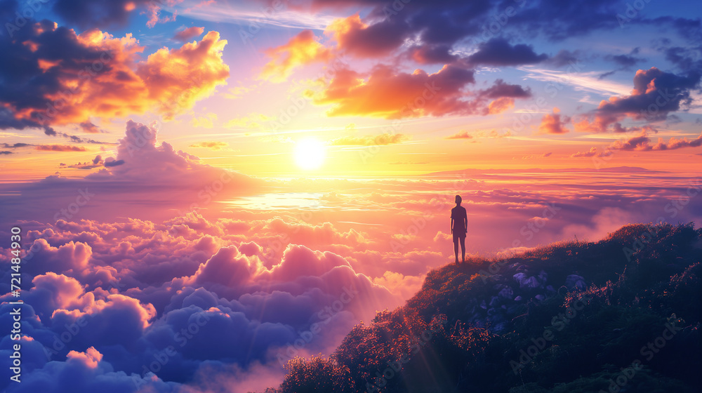 person stands on a mountaintop above the clouds, watching a breathtaking sunset with vibrant colors in the sky