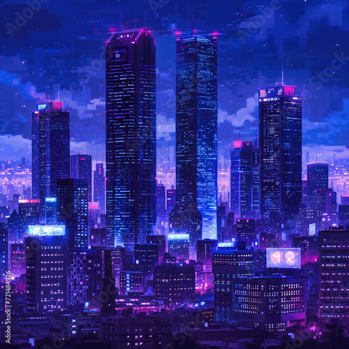 Colorful Night in New York: Bright Neon Lights on Skyscrapers, Urban Skyline Illustration, Retro-Futuristic Design