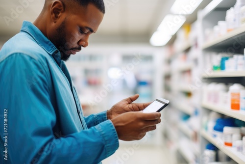 A man stands in a pharmacy store, engrossed in his cell phone as he scans through its screen.