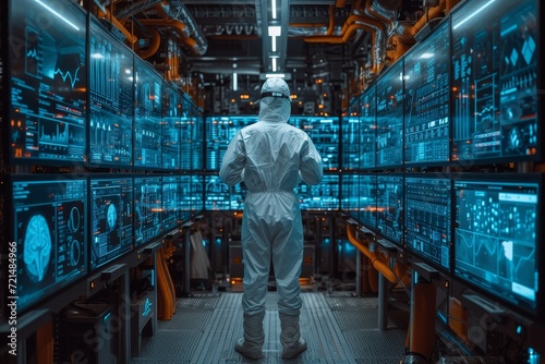 A man clad in a pristine white protective suit stands among a sea of intricate machines, his figure a symbol of both protection and curiosity within the confines of an indoor space photo