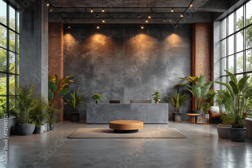 An inviting lobby with an industrial touch  featuring a lush houseplant in a flowerpot on a round table against a concrete wall  framed by large windows and a high ceiling