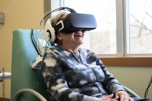 A woman sitting in a chair engages with a virtual reality experience using a headset.