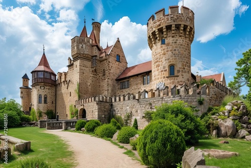Historic european castle with turrets and knight armor displays