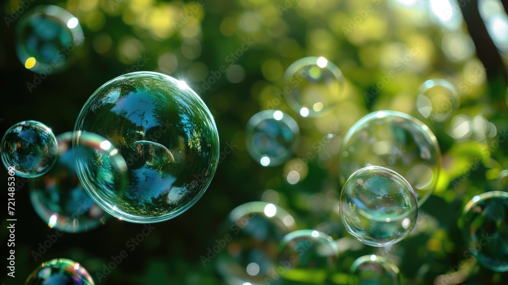 Translucent soap bubbles floating with natural green backdrop