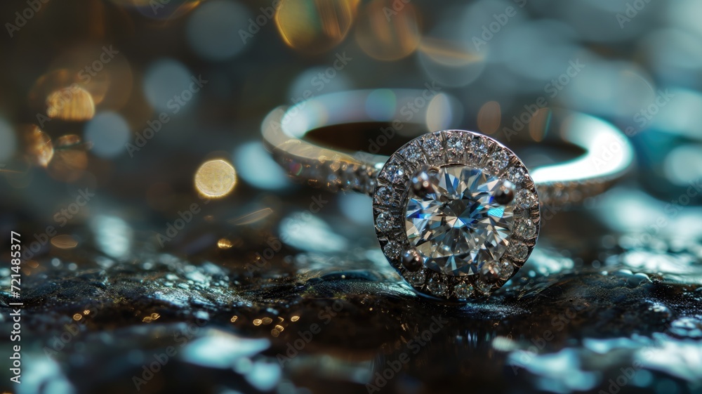 Elegant diamond ring showcased on a shimmering dark background Elegant diamond ring showcased on a shimmering dark background