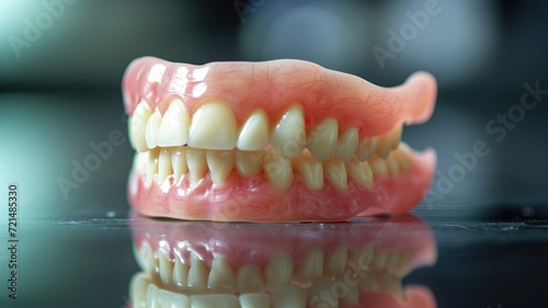 Realistic upper and lower dentures on a reflective black surface photo