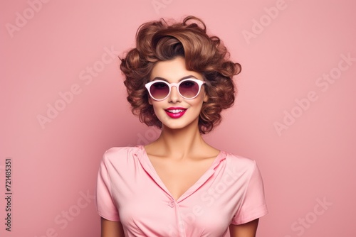 A woman confidently poses outdoors, wearing trendy sunglasses and a stylish pink dress. © pham