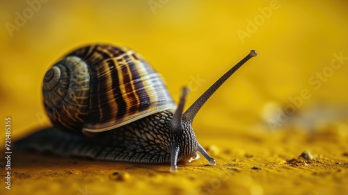 A detailed image of a snail slowly moving across a yellow background © Татьяна Макарова