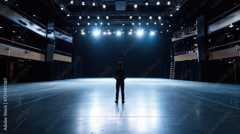 Solitary man standing center stage in empty auditorium, spotlights above