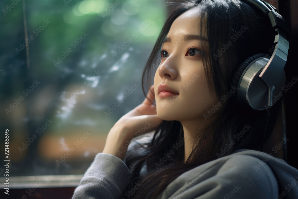 A woman with headphones on, looking through a window at the surroundings. A woman with headphones on, looking through a window at the surroundings.
