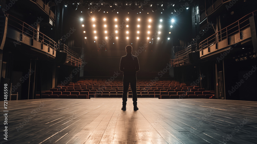 Silhouette of a person standing on a theater stage, spotlight shining from behind - obrazy, fototapety, plakaty 