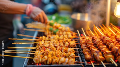 Street food vendor grills skewered meat and vegetables at a bustling market