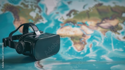 Virtual reality headset resting on a colorful world map, exploring new realities