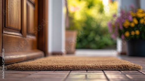 A coir doormat lies in front of an open door with potted flowers nearby photo