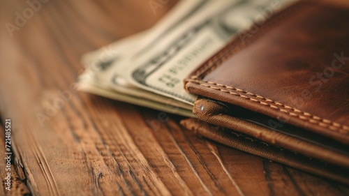 Brown leather wallet with money on a rustic wood table photo