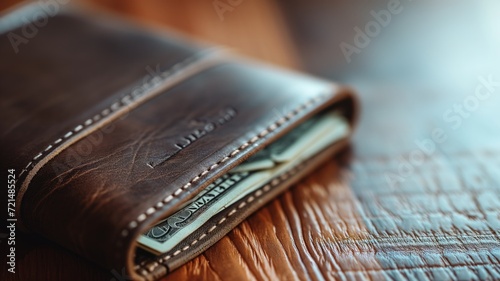 A brown leather wallet filled with cash lies on a wooden surface photo