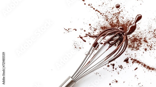 Metal whisk with dripping chocolate and cocoa powder splattered