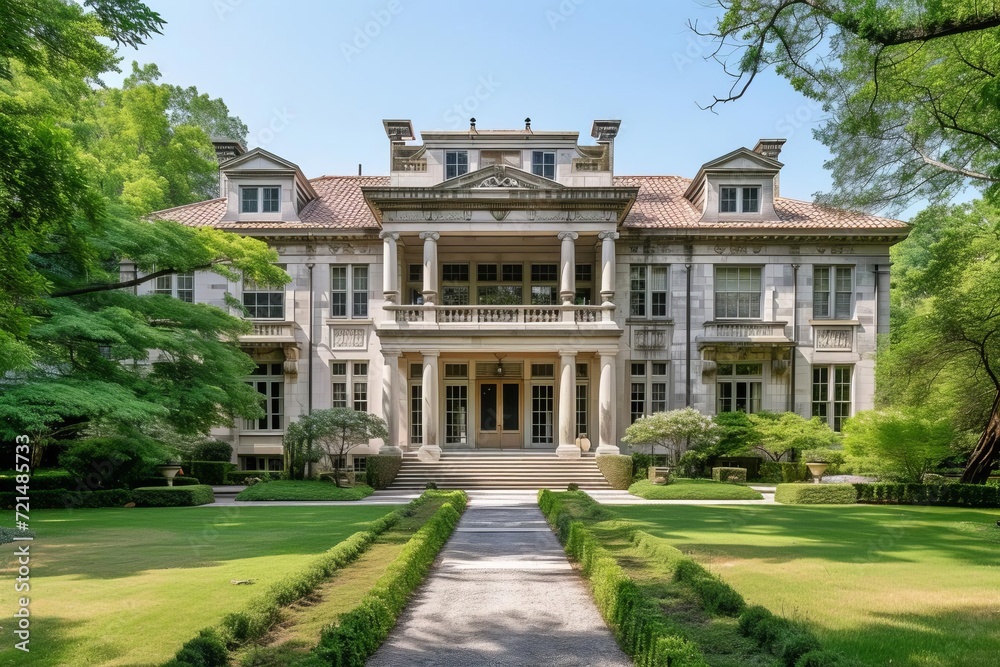 Opulent gatsby mansion with lavish gardens and roaring twenties flair