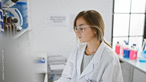 Focused young blonde scientist  a beautiful female  sits in the lab with a serious expression - behind the indoor medical research in a bustling science center