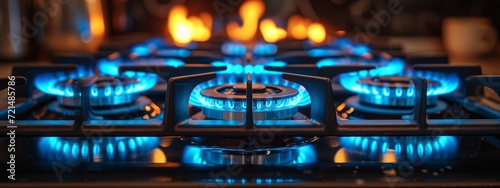 A fiery blue flame dances on the sleek surface of an indoor gas stove, adding warmth and charm to any kitchen