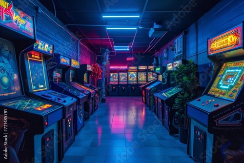 Retro arcade with neon lights and classic gaming consoles