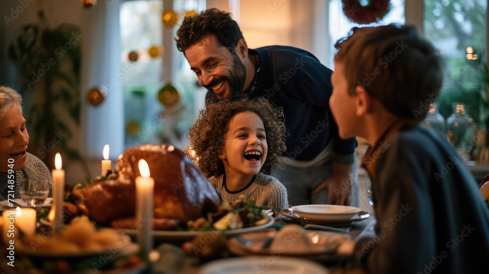 Family gathered around a dinner table, enjoying a festive meal with a roasted turkey, smiling and engaging in lively conversation.