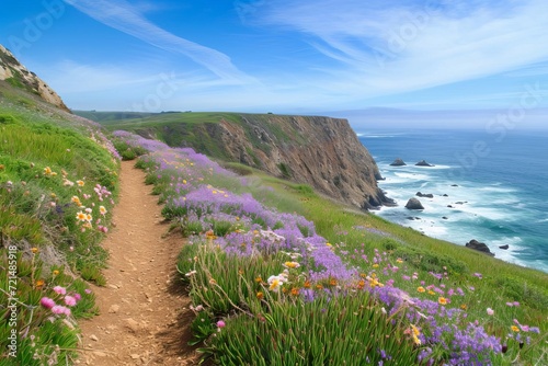 Seaside cliff hiking trail with ocean panoramas and wildflowers