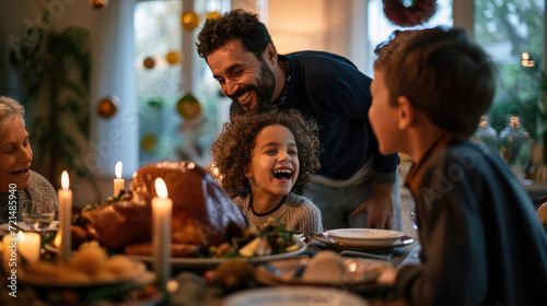 Family gathered around a dinner table  enjoying a festive meal with a roasted turkey  smiling and engaging in lively conversation.