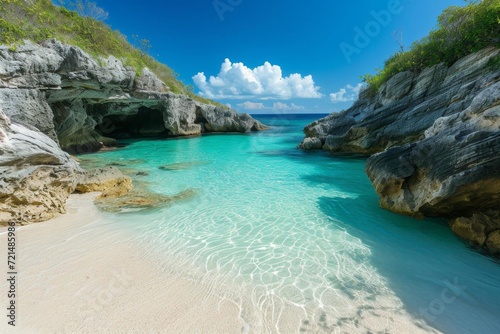 Secluded beach cove with crystal clear waters and soft sands