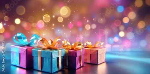 Three vibrant gift boxes, adorned with bows, placed on a glossy surface.