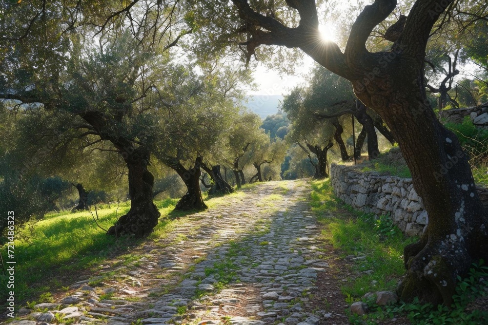 Sun-drenched olive orchard with rustic stone paths and aged trees