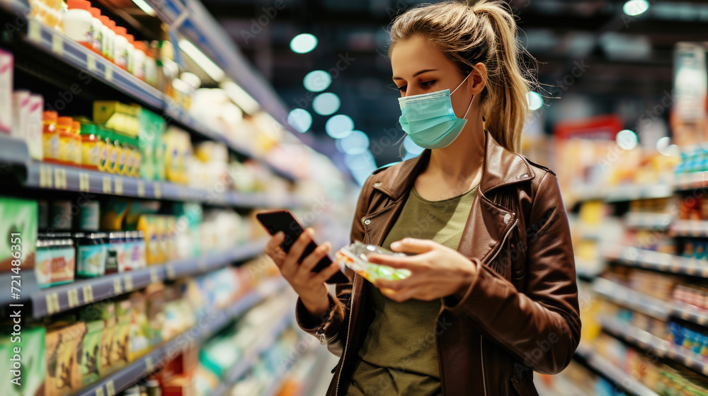 Woman wearing a surgical mask while using her smartphone in a grocery store aisle.