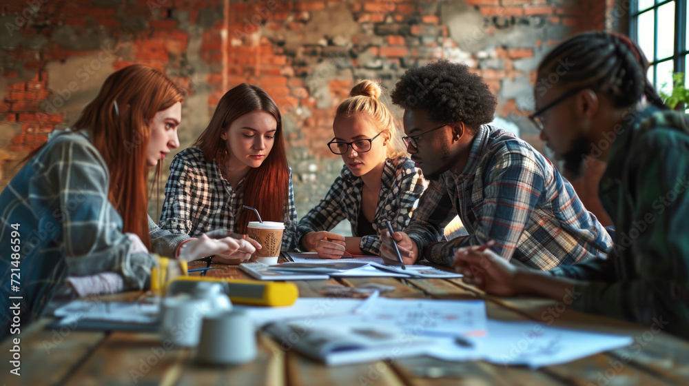 Fototapeta premium Close-up of a business meeting with several individuals over a wooden table, suggesting a modern, tech-savvy professional environment.