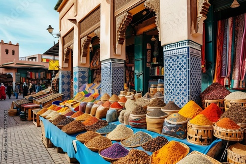 Traditional moroccan market with spices and colorful textiles