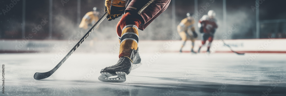 Obraz premium Hockey player playing hockey on a hockey stadium court close-up
