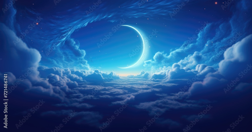 A crescent moon shines brightly amidst a cloudy night sky, with stars twinkling in the background.